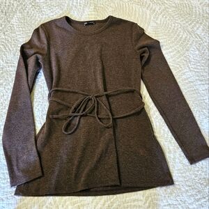 Zara Brown Long Sleeve Top With Tie Waist Size M